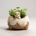 Charming Anime Dog In Baby Plant Pot - Handmade Glazed China Pet Bed