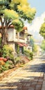 Charming Anime Painting Of Path In Front Of Houses