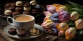 A charming arrangement of coffee, macaroons, and tulips on a plate, Generative AI