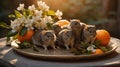 Adorable Group of Baby Rats with Oranges and Blossoms Royalty Free Stock Photo