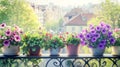 Charming array of colorful flowers in rustic pots placed on sunny elegant balcony