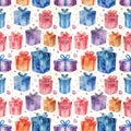 A charming array of watercolor gift boxes in a colorful, festive seamless pattern.