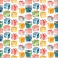 A charming array of watercolor gift boxes in a colorful, festive seamless pattern.