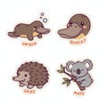 Charming Australian Wildlife Stickers - Platypus, Koala, and Echidna Illustrations Royalty Free Stock Photo