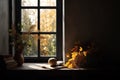 Charming autumn window with a delightful combination of decor and nature