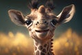 Charming baby giraffe playfully sticking its tongue out with a curious expression in a savannah