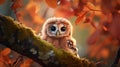 Charming Baby Owl Sitting In A Tree With Red Leaves
