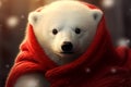 Charming baby polar bear, cozy in a vibrant red scarf