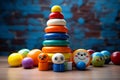 Charming baby toys scattered artfully on a neutral surface