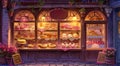 A charming bakery window showcasing an array of delicious pastries and cakes at night. Royalty Free Stock Photo