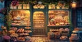 A charming bakery window showcasing an array of delicious pastries and cakes at night. Royalty Free Stock Photo