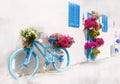 Old streets with old bike,windows and floral decoration,Bodrum, Turkey. Royalty Free Stock Photo