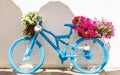 Charming bar and street decoration design in retro style with old bicycle and flowers.Floral streets Royalty Free Stock Photo
