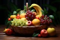 A charming basket overflowing with a variety of delicious, ripe fruits