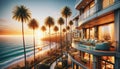 Charming beachfront in California during the golden hour of sunset. The scene is serene with a row of elegant houses nestled among