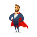 Charming bearded businessman wearing a superhero cloak. Manager is a hero. Modern flat character design.