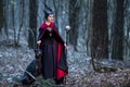 Charming and Beautiful Maleficent Woman with Highbred Dog on Leash. Posing Together in Early Spring Forest