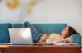 Charming beautiful young girl in glasses with curly hair fell asleep on a blue sofa at home in front of a laptop, notepad and a Royalty Free Stock Photo