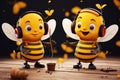 Charming bees with headphones exchange greetings, holding pencil musical creativity comes alive