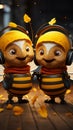 Charming bees with headphones exchange greetings, holding pencil musical creativity comes alive