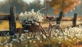 A charming bicycle with a basket filled with blooming daisies