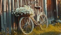 A charming bicycle with a basket filled with blooming daisies