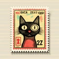 Charming Black Cat Postage Stamp With Zany Edo Art And Memphis Design Royalty Free Stock Photo