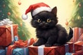 a charming black fluffy kitten in a Santa hat, against the background of decorated Christmas trees