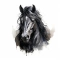 Charming Black Horse Head On Watercolor Background - Detailed Character Illustration