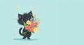 A charming black kitten holds a bouquet of flowers on a blue background,a place for text, a flat illustration, a concept for