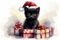 a charming black kitten in a Santa hat sits near beautifully packaged gift boxes