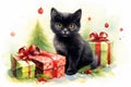 charming black kitten sitting near beautifully packed gift boxes, watercolor illustration