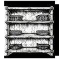 Rustic woven baskets on a three-tiered wooden shelf Royalty Free Stock Photo