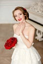 Charming blonde girl with beautiful smile in a white lace dress Royalty Free Stock Photo