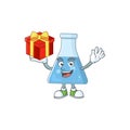 Charming blue chemical bottle mascot design has a red box of gift