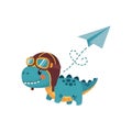 Charming Dino Aviator with Goggles and a Heart-Shaped Paper Plane Trail Royalty Free Stock Photo