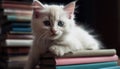 A charming blue eyed kitten sitting on a book stack generative AI