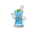 A charming blue hawai cocktail mascot design style smiling and waving hand