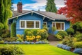 a charming blue home with a lush front yard