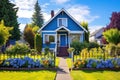 a charming blue home with a lush front yard