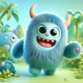 Charming blue monster in forest