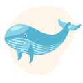 Charming blue whale on a beige background. Flat cartoon vector illustration