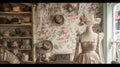 A charming boutique interior with quaint floral wallpaper vintage hat boxes adorning the shelves and mannequins dressed