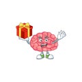 Charming brain mascot design has a red box of gift