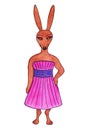 Charming brown hare wearing stylish pink neckline dress with wide purple ribbon.