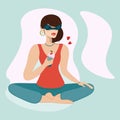 Stylish woman sits in lotus position and drinks milkshake. Charming brunette with her favorite drink. Yoga practice