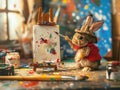 Charming bunny painter in a cozy studio working on a colorful abstract painting with tiny tools Royalty Free Stock Photo