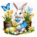 A charming bunny is posing near the Easter eggs and fresh daffodils