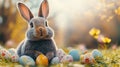 A charming bunny rests in a colorful spring meadow, amidst Easter eggs, under the warm glow of the sun Royalty Free Stock Photo