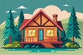 A charming cabin with a deck sits by a tranquil lake, embraced by lush trees and rolling hills, Customizable semi-flat Royalty Free Stock Photo